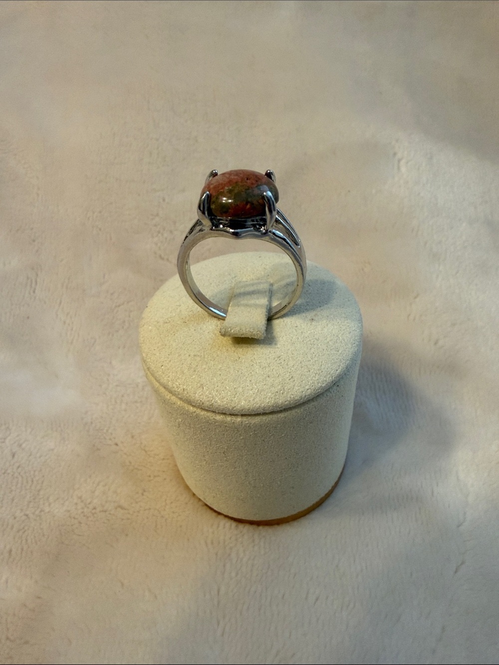Genuine Stone women Ring Silver Unakite Cabochon Boho jewelry